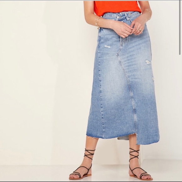 asymmetrical denim midi skirt